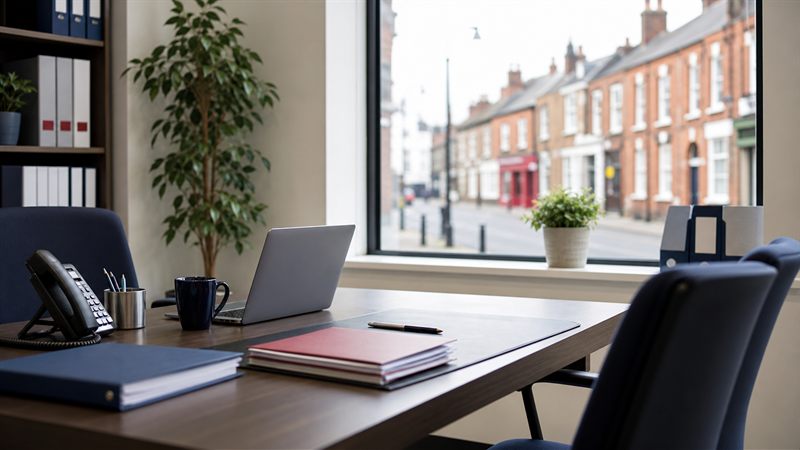 Local immigration advice office desk with documents and consultation space
