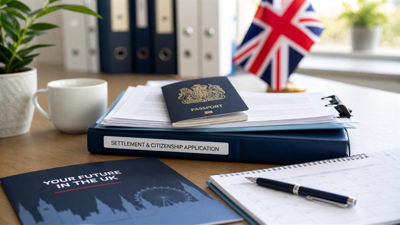 Settlement and citizenship application documents organised on a desk